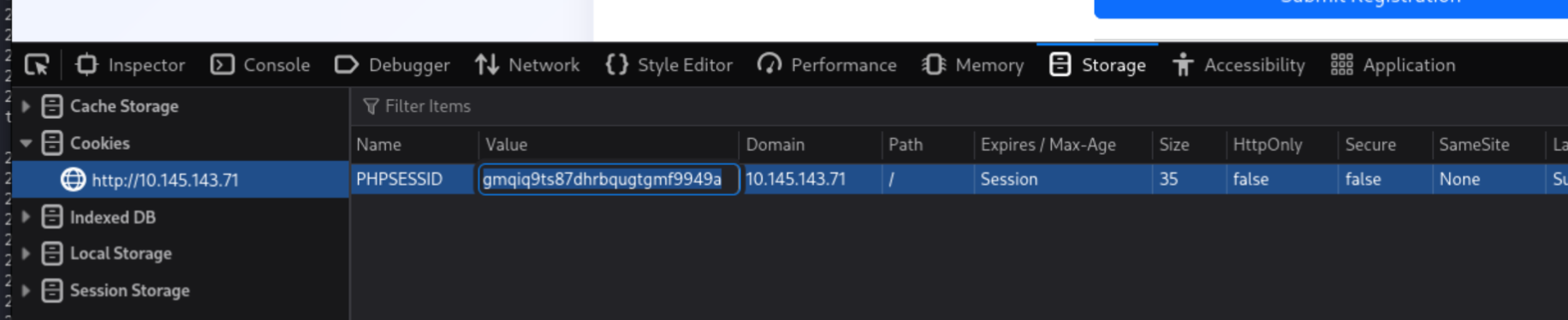 DevTools Storage tab with cookie value being replaced by stolen moderator cookie